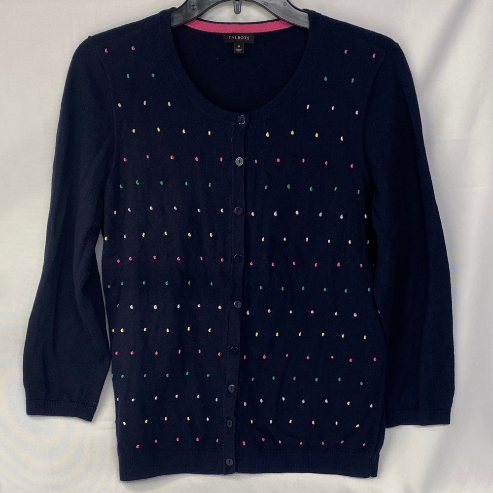 Talbots Women's Navy Colorful Dots 3/4 Sleeve Button Up Cardigan Sweater Size M